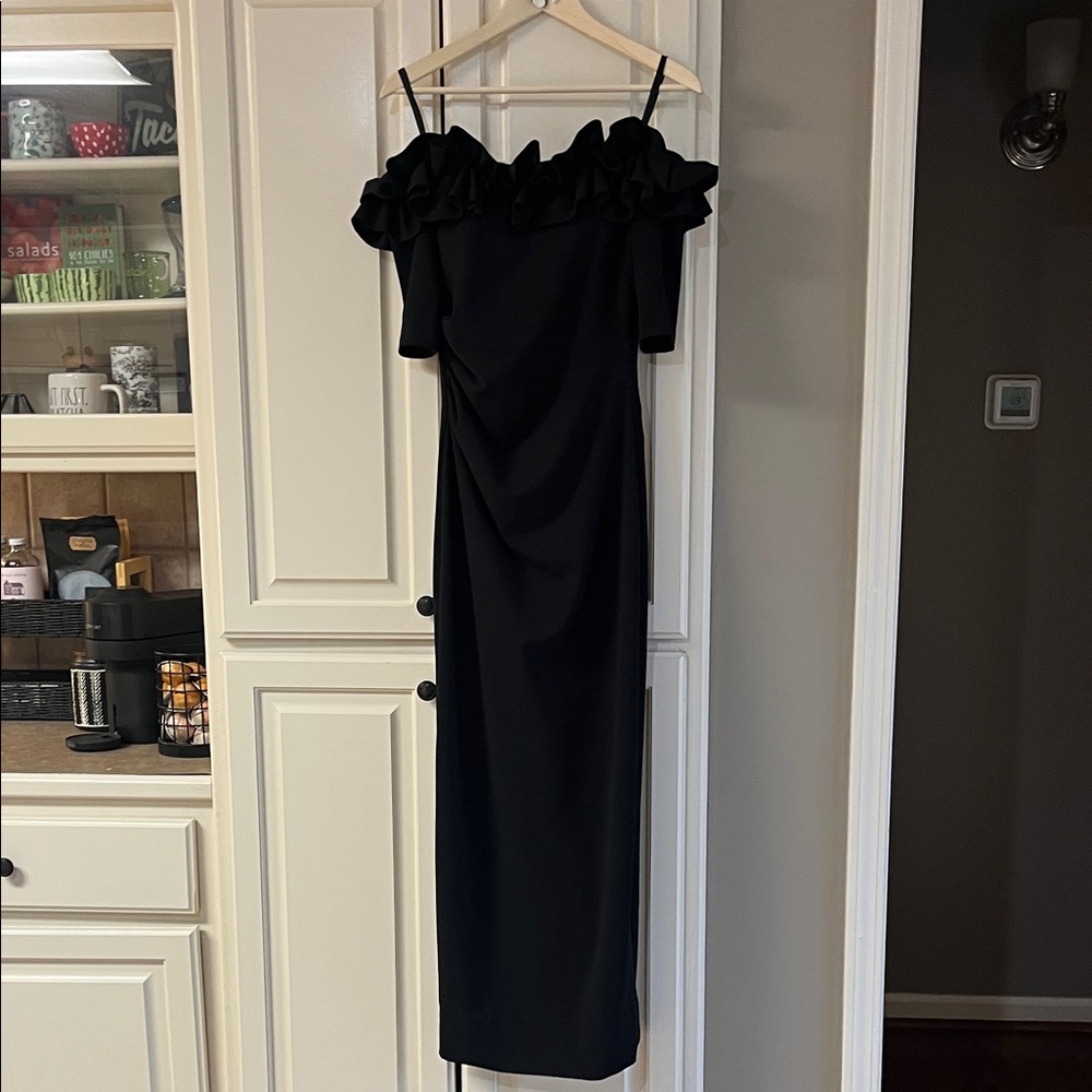 Xscape Black Off-Shoulder Ruffle Strap Midi Dress